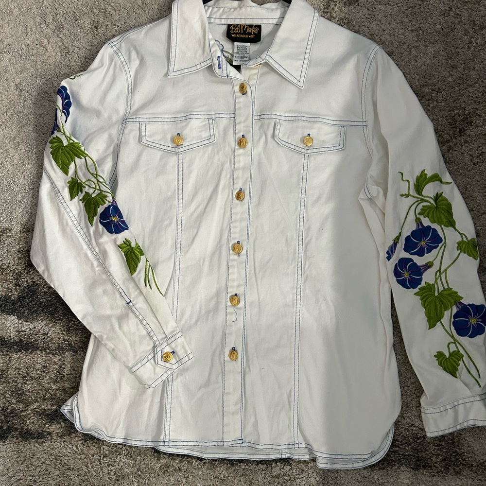 Bob Mackie White Button Down Shirt with Blue and Green Floral Embroidery